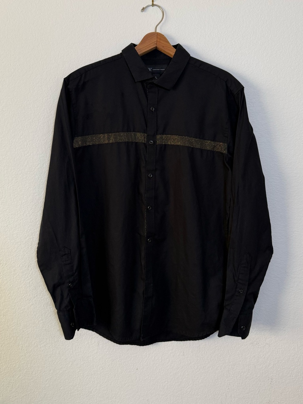 INC International Concepts Black Button-Up Shirt with Gold Stripe